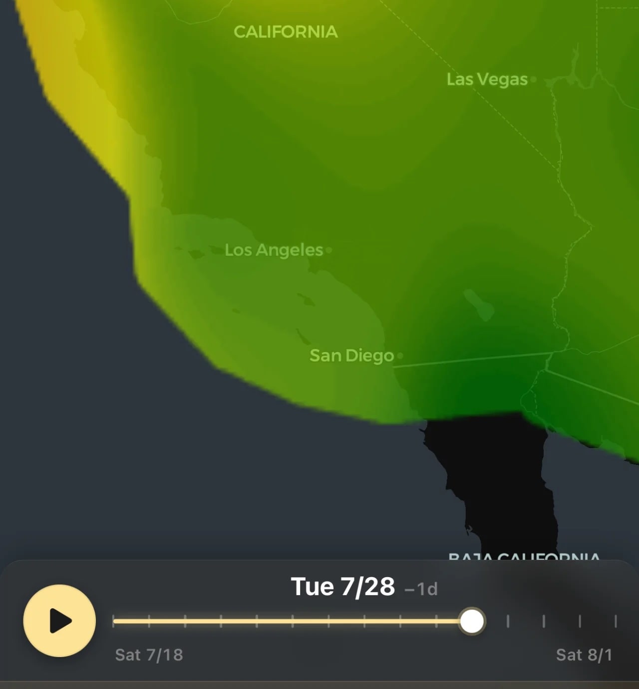 Interactive AirScope map over California and Nevada with a scrubbable timeline running from ten days of history through a five-day forecast.