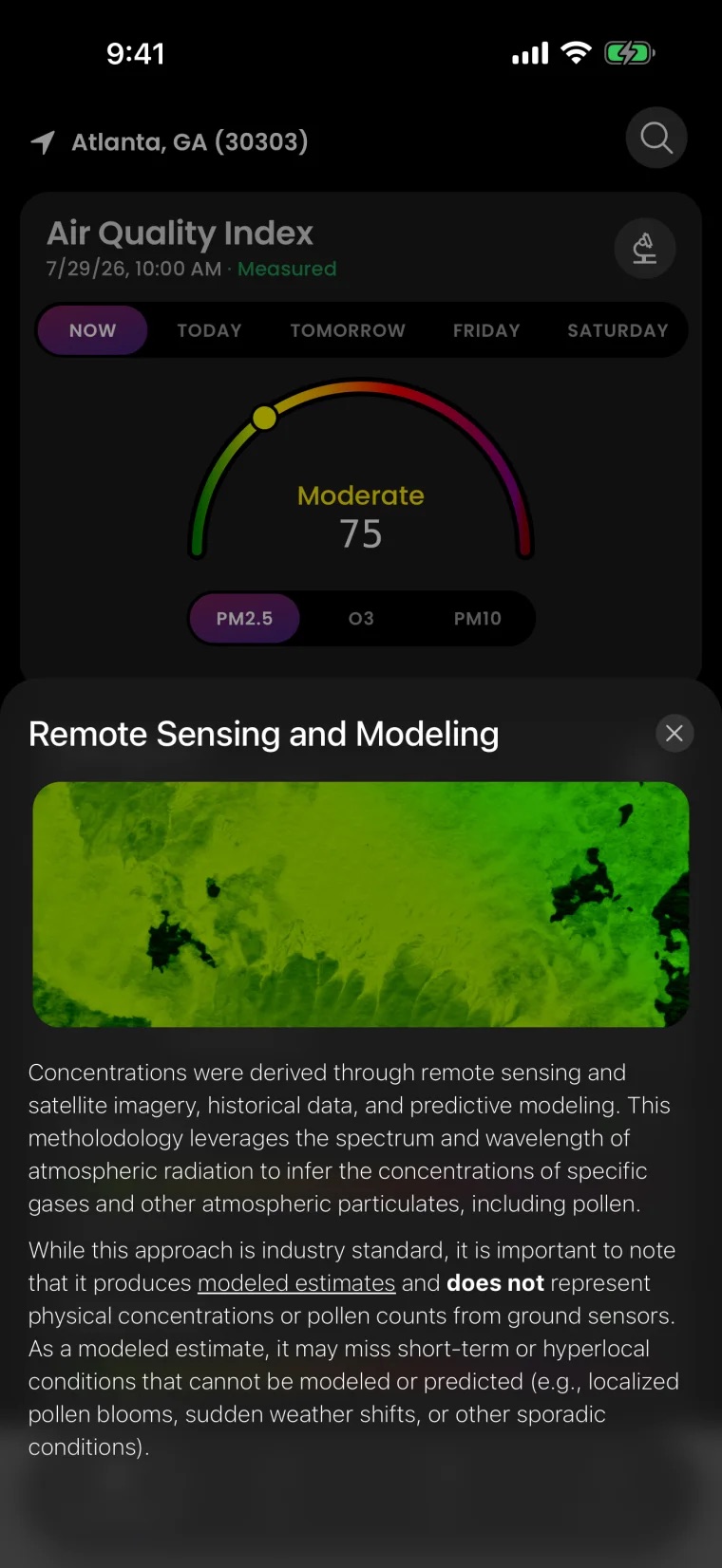 An explainer sheet titled Remote Sensing and Modeling describing how a reading was derived, and noting that it produces modeled estimates rather than physical ground-sensor measurements.
