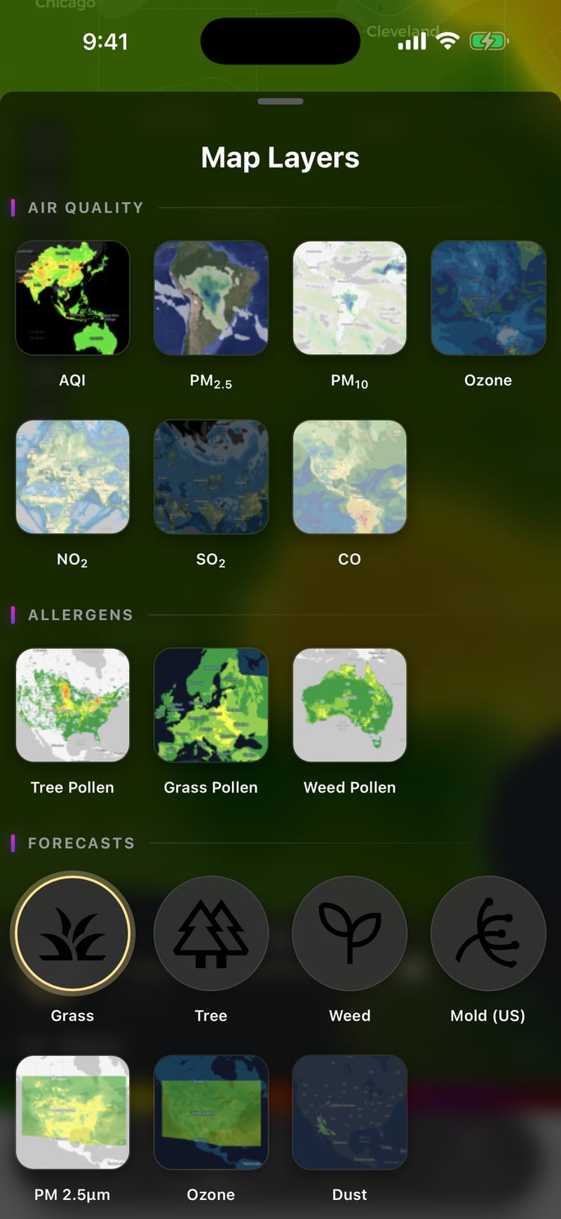 AirScope's Map Layers picker, grouped into Air Quality, Allergens and Forecasts, each layer with a live preview thumbnail.