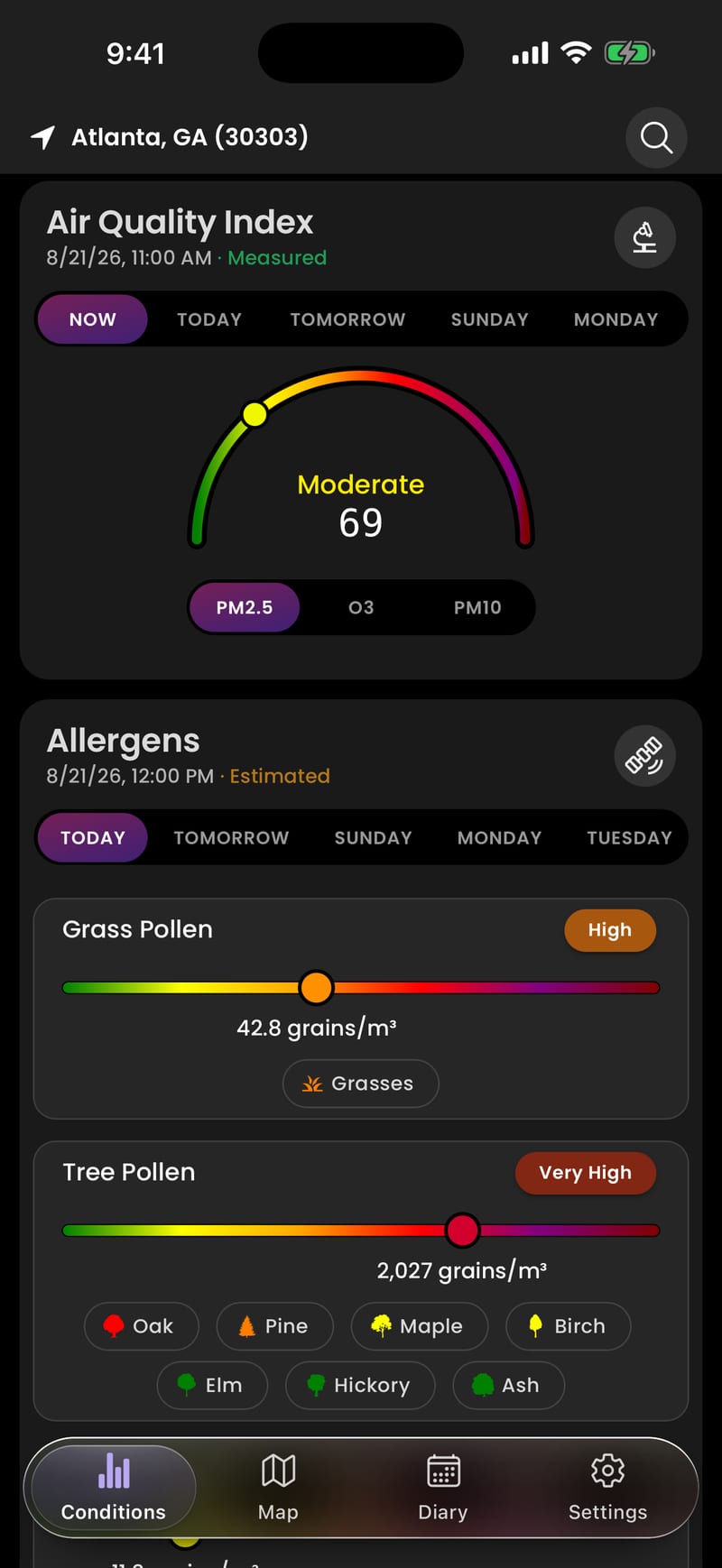 AirScope's Conditions screen for Atlanta: an air quality gauge reading 69, Moderate, labeled Measured, above pollen counts for grass, tree and weed.