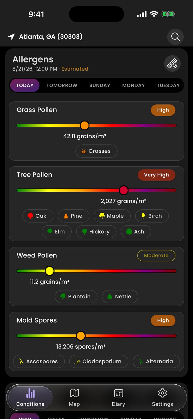 AirScope's Allergens view for Atlanta: grass, tree and weed pollen counts with severity chips, and the species behind each count - oak, pine, maple, birch, elm, hickory and ash.