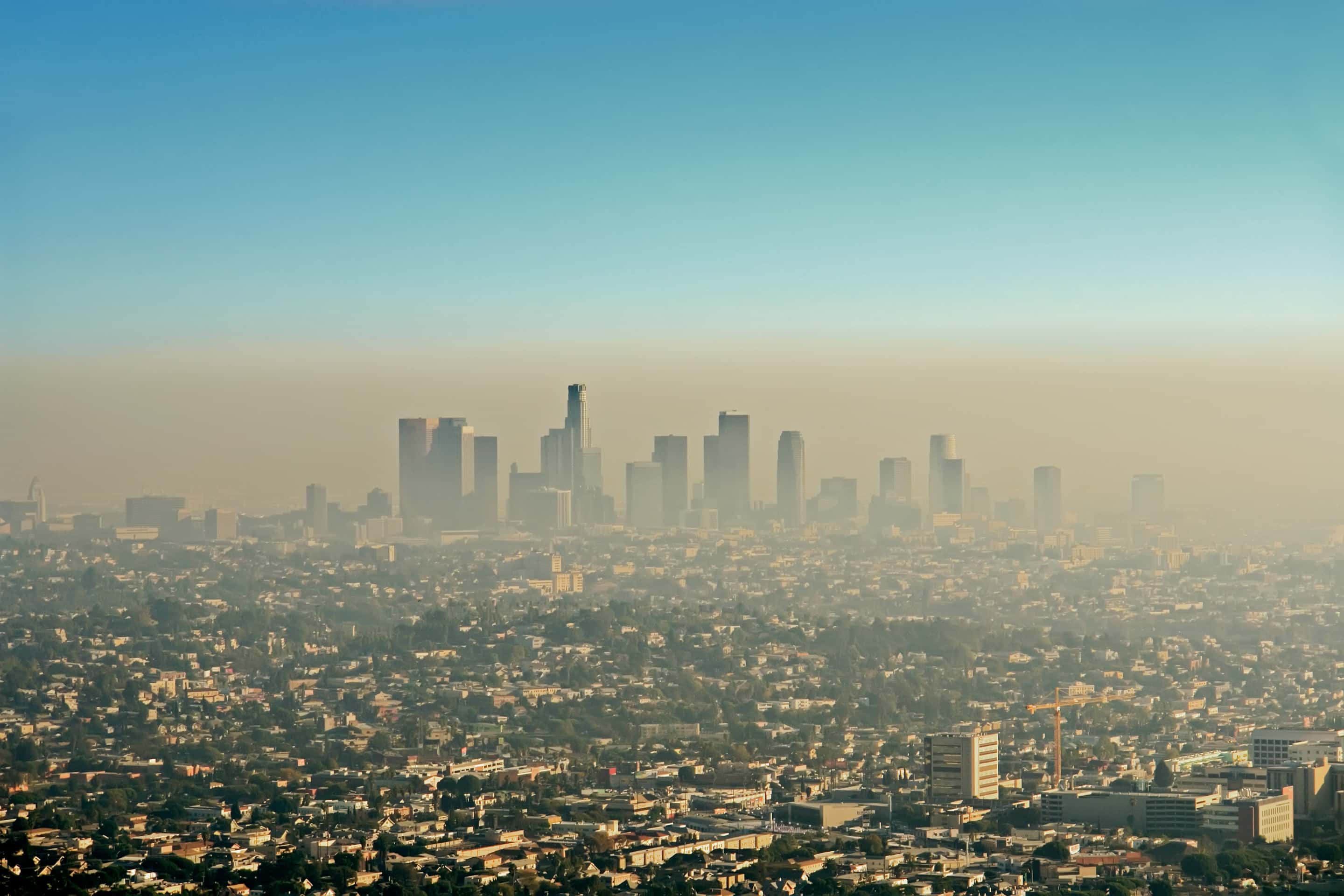 Downtown Los Angeles half dissolved in a brown layer of smog, clean blue sky sitting directly above it, dense low-rise sprawl running to the foreground.