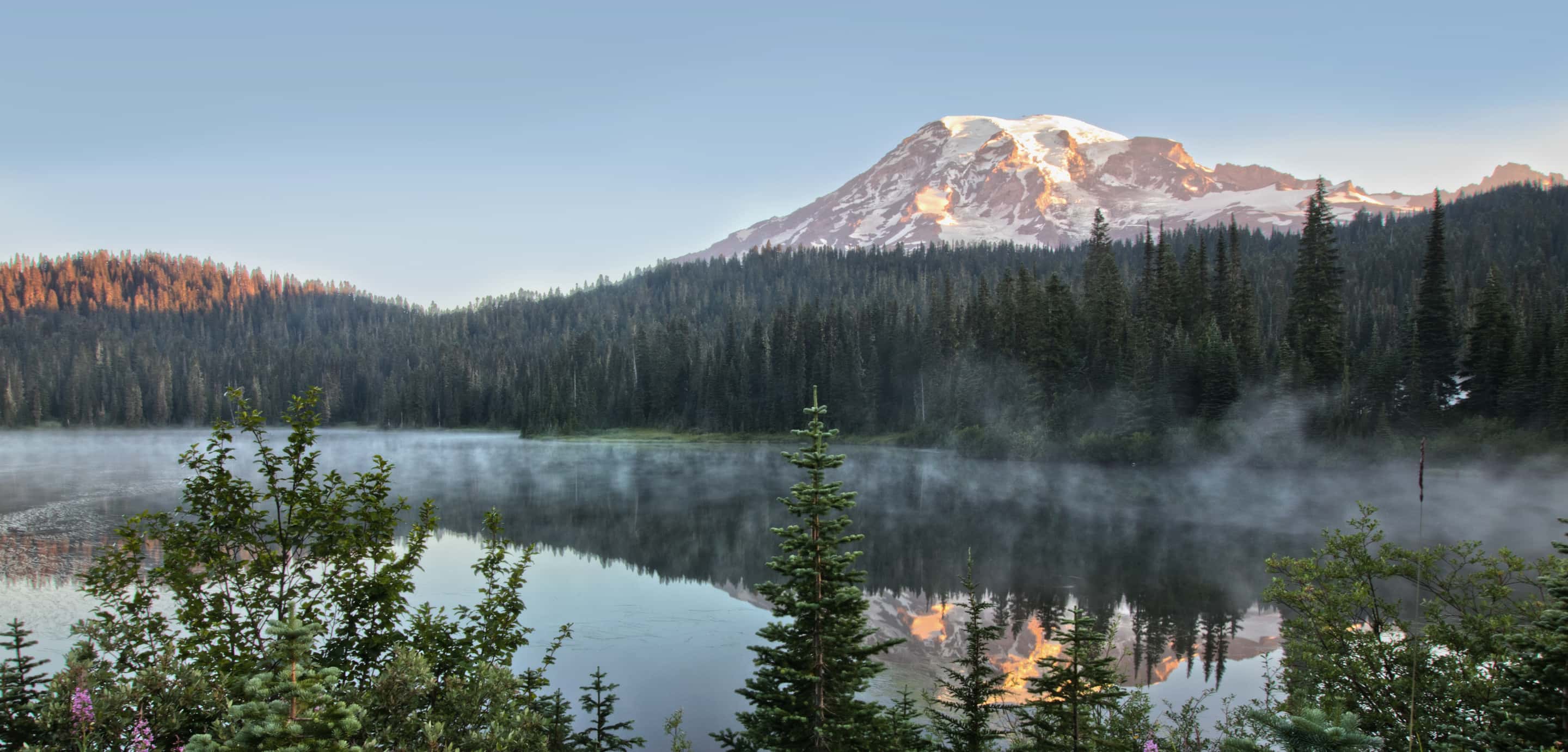 Mist lifting off a still alpine lake at dawn, with a snow-capped peak beyond the treeline.
